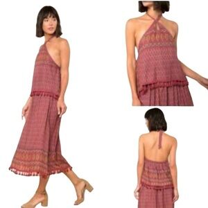 RAGA Anthropologie BOHO Halter Midi Dress Ikat Print with Tassels Burgundy  Med